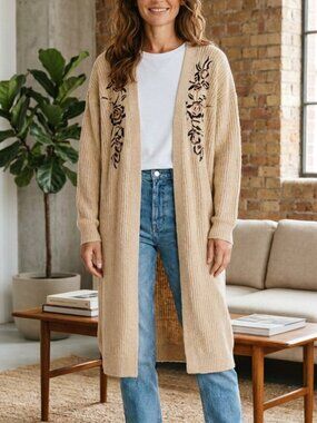 Lapis Long Chunky Knit Embroidered Cardigan
